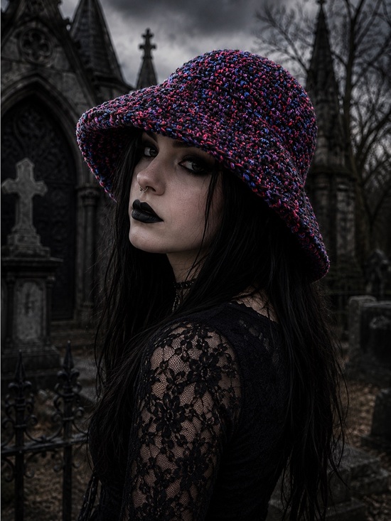 Hand Crafted Accessories - Crochet Goth Sun Hat Black Pink Purple Blue Alternative Bucket